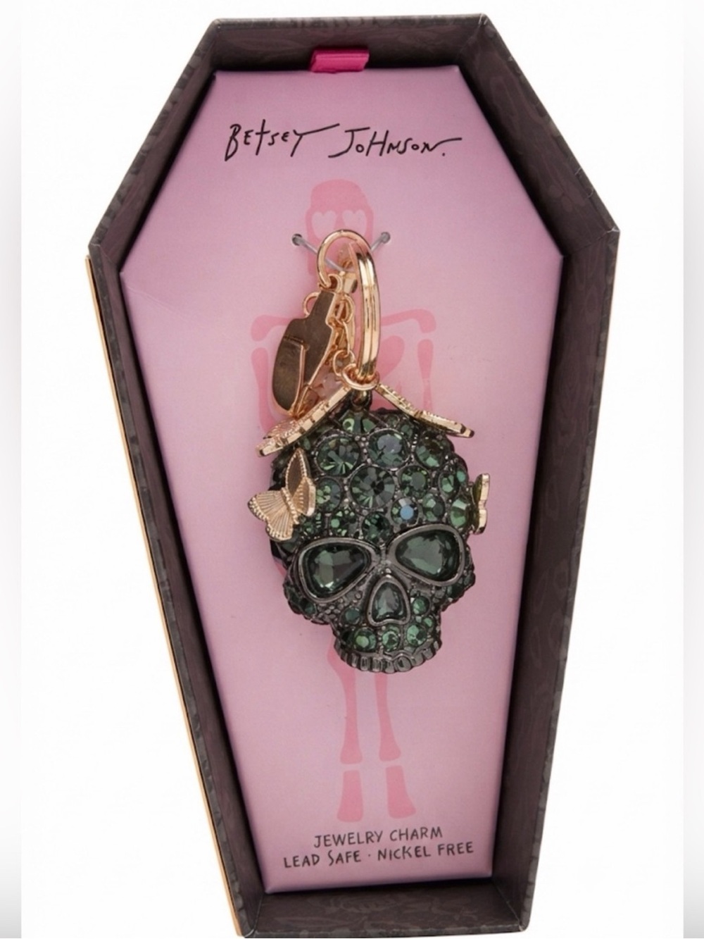 Betsey Johnson black crystal skull& butterfly bag charm keychain NIB/NWT - Picture 4 of 13